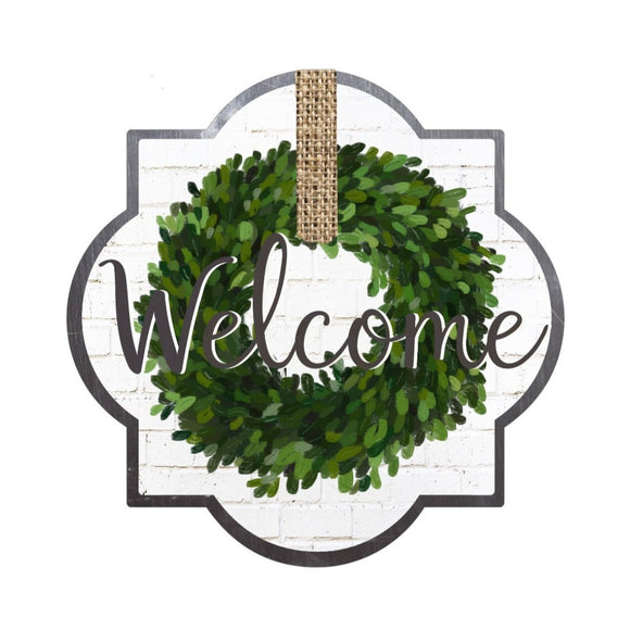 Boxwood Welcome- Quatrefoil Metal Wreath Sign