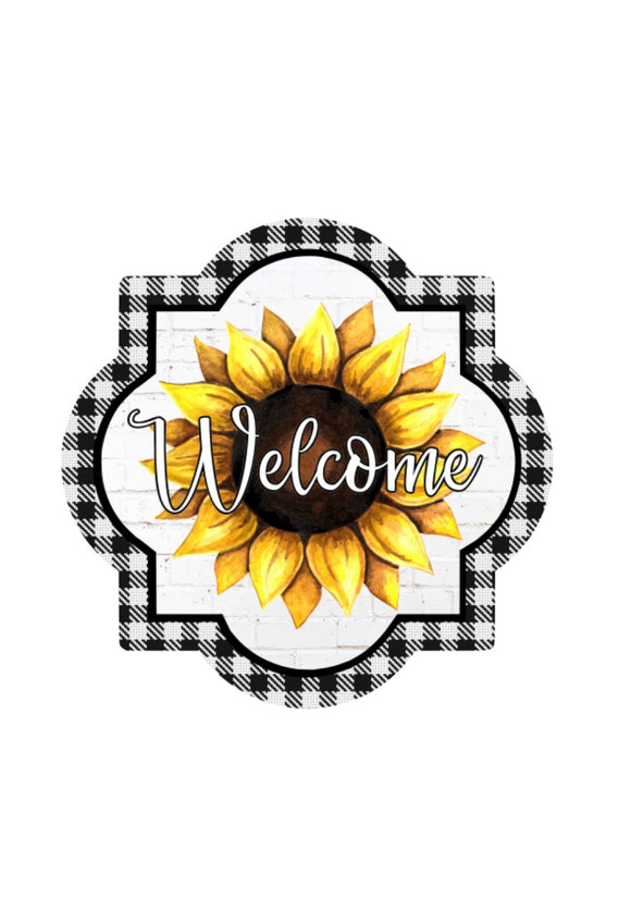Buffalo Check Sunflower Welcome - Quatrefoil Metal Wreath Sign