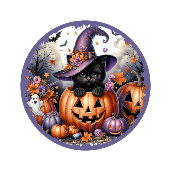 Black cat Halloween wreath sign