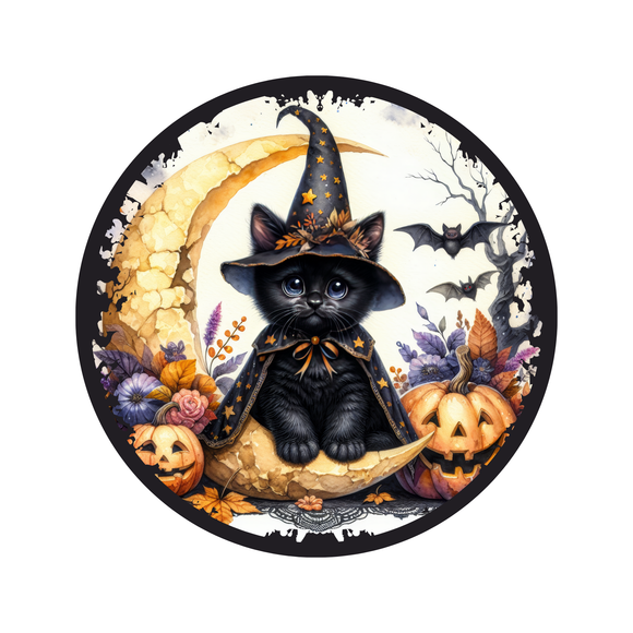 Black cat Halloween wreath sign