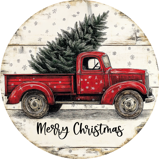 Merry Christmas red truck wreath sign