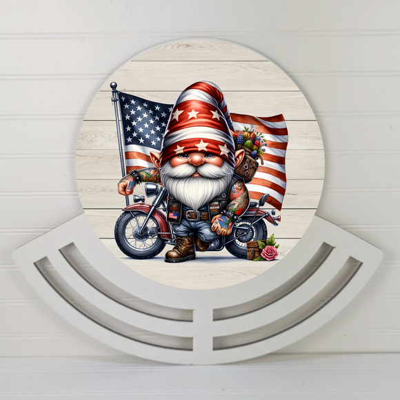 Patriotic Motorcycle Gnome Wreath rail