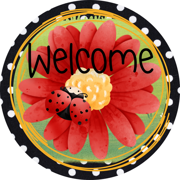 Welcome ladybug red daisy round, Wreath Sign