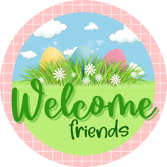 Welcome friends pink plaid round, Wreath Sign