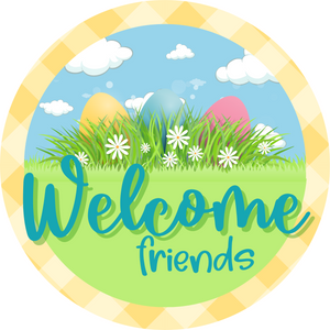 Welcome friends yellow check round, Wreath Sign