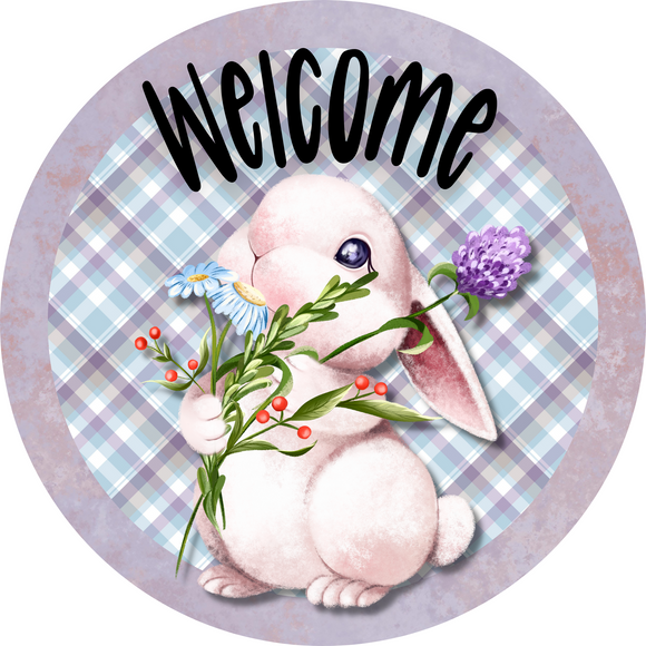 Welcome bunny purple flowers round, Wreath Sign