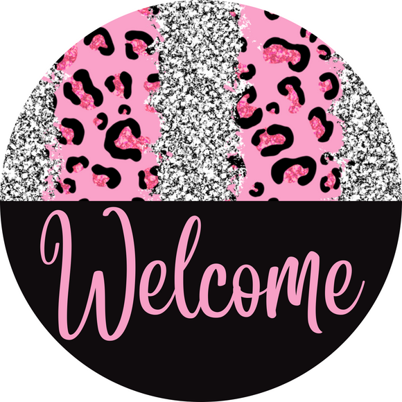 Welcome Pink and Silver Leopard Wreath Sign, Wreath Rail, Wreath Base