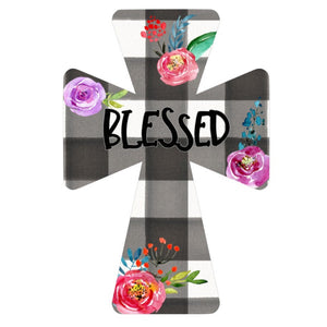 Blessed Plaid Floral Cross - Wreath Sign