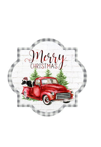 Merry Christmas Red Truck - Quatrefoil Metal Wreath Sign