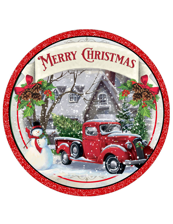 Vintage Merry Christmas Red Truck - Wreath Sign