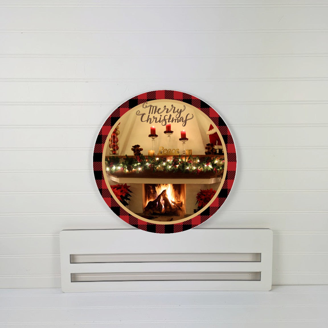 Merry Christmas fireplace wreath rail