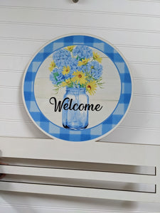 Welcome Blue Flowers Printed Wreath Rail