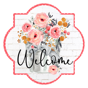 Pail with Flowers Welcome - Quatrefoil Metal Wreath Sign