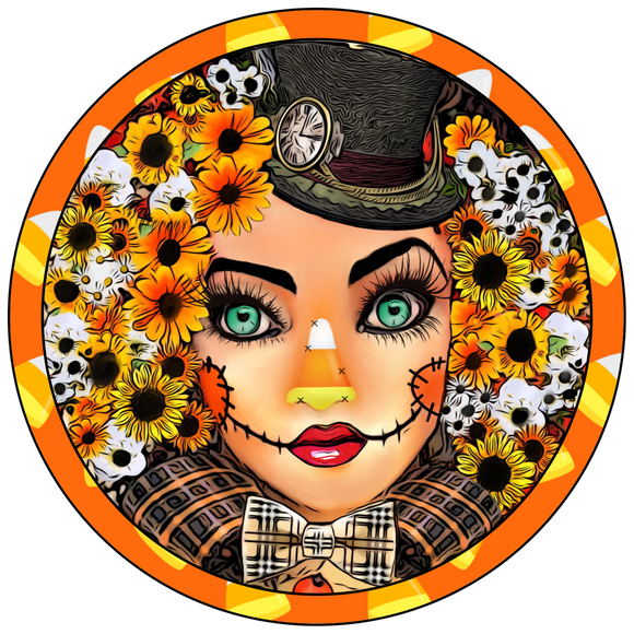 Candy Corn Scarecrow woman- Wreath Sign