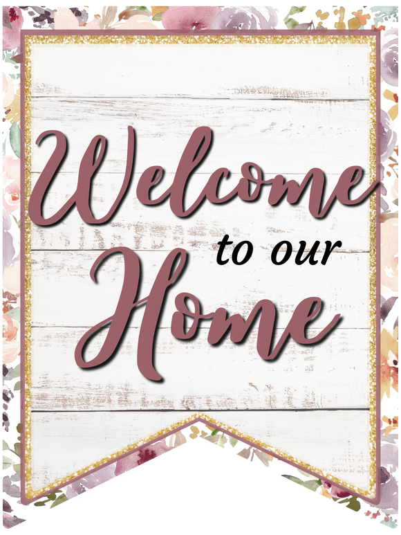 Welcome to our Home Purple Floral Bunting Wreath Sign, Wreath Rail