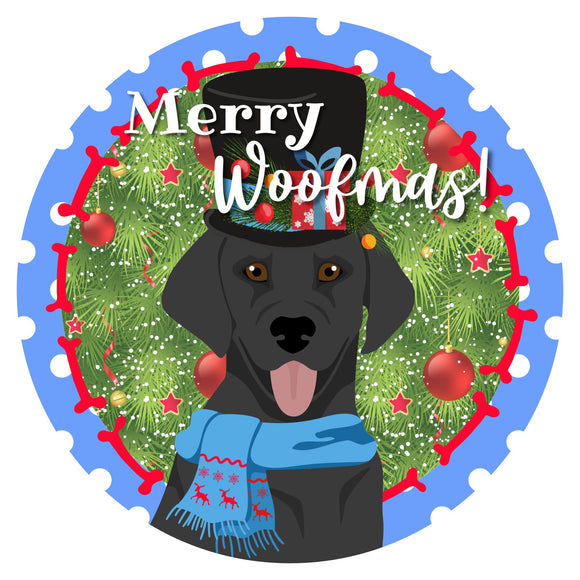 Black Labrador Merry Woofmas! wreath sign, wreath rail, wreath base