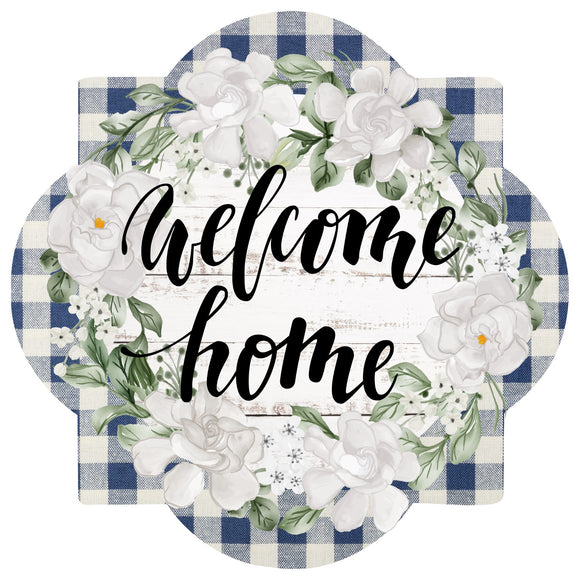 Welcome Home Magnolias Blue Quatrefoil wreath sign, wreath rail