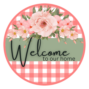 Welcome to our home coral plaid, Wreath Sign