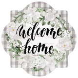 Welcome Home Magnolias Gray Quatrefoil wreath sign, wreath rail