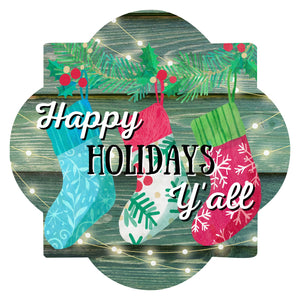 Happy Holidays Y'all Quatrefoil wreath sign, wreath rail