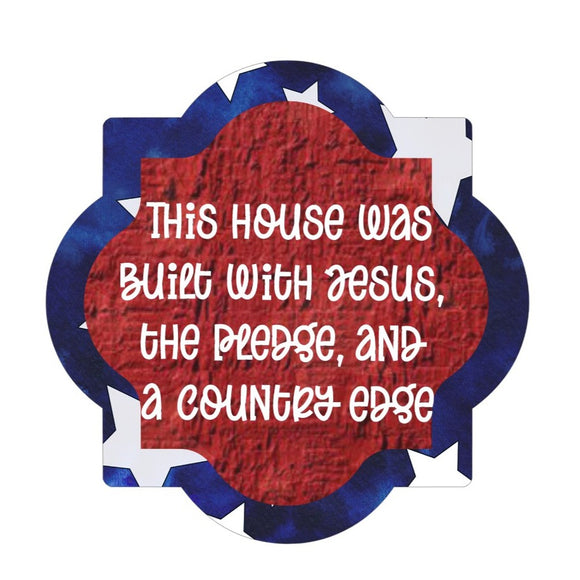 House Built with Jesus- Quatrefoil Metal Wreath Sign