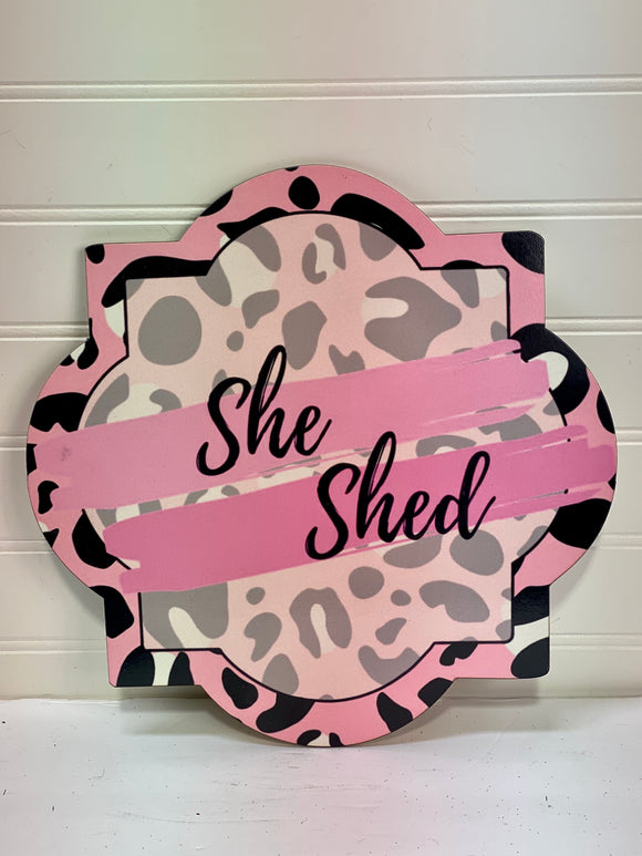 She Shed Pink Leopard- Quatrefoil Metal Wreath Sign