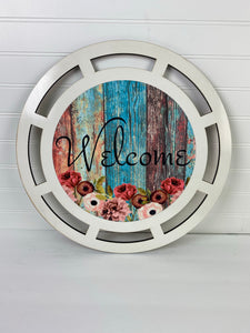 Blue Barnwood Floral Welcome Round Wreath Rail