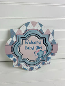 Baby Girl Elephant - Quatrefoil Metal Wreath Sign