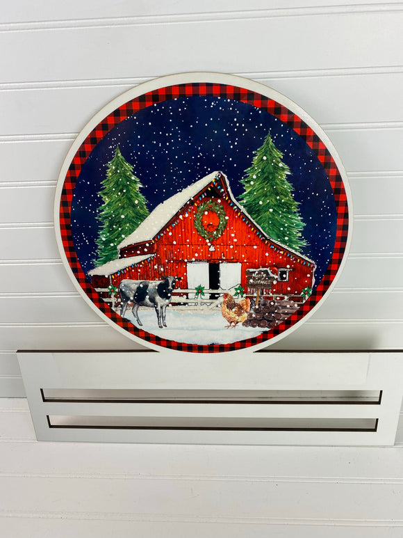 Snowy Red Barn Printed Wreath Rail