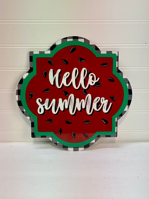 Hello Summer Watermelon- Quatrefoil Metal Wreath Sign