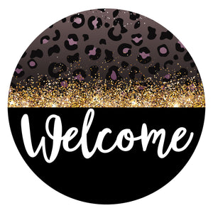 Welcome Black Gray Leopard - Wreath Sign