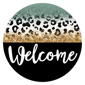 Welcome Black Teal Leopard - Wreath Sign