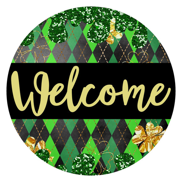 Welcome Harlequin Shamrock Leopard - Wreath Sign