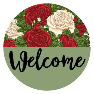 Welcome Moss Red White Roses - Wreath Sign