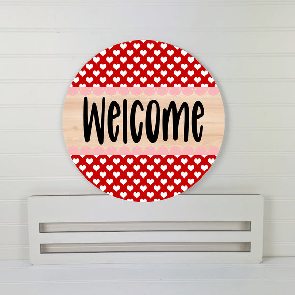 Welcome Red Hearts and Wood Round Wreath Sign, Wreath Rail, Wreath Base