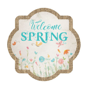Welcome Spring flowers - Quatrefoil Metal Wreath Sign