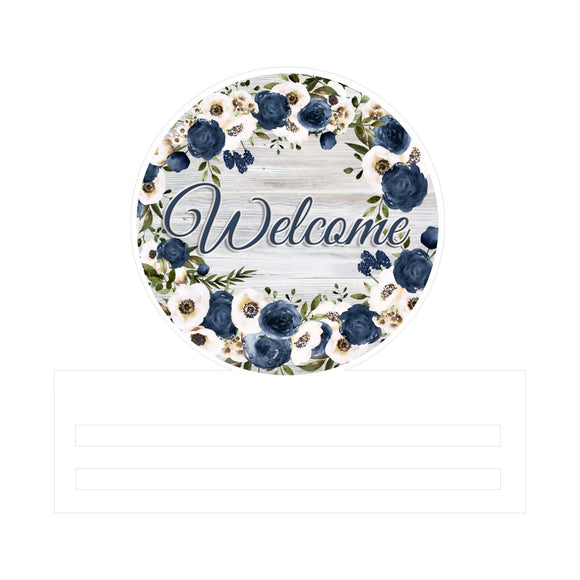 Welcome blue cream floral printed wreath rail
