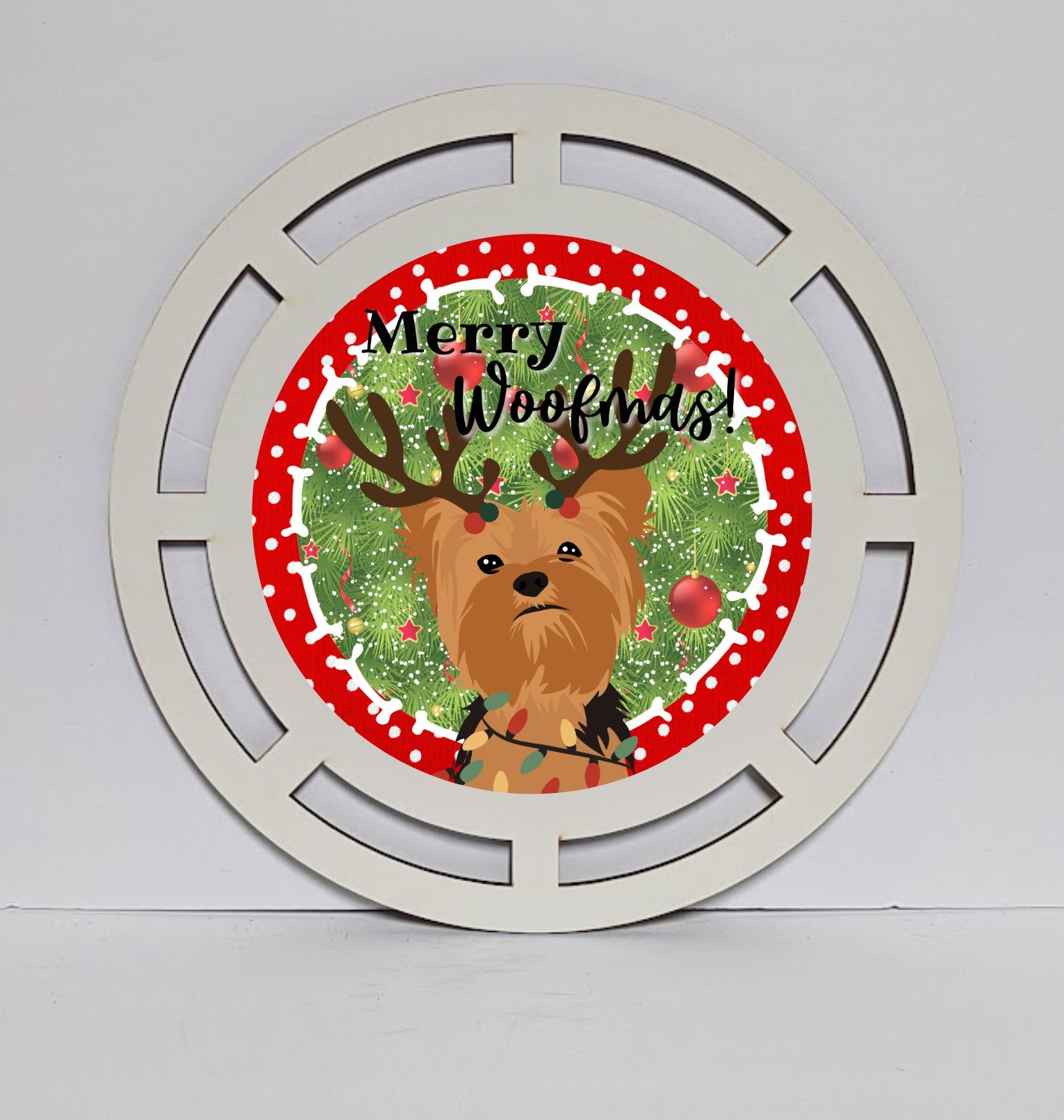 Yorkie Merry Woofmas! wreath sign, wreath rail, wreath base